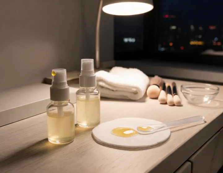 benefits of using retinol serum overnight on a cosmetics bench, illustration only